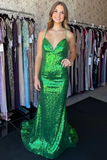 Green Sequin V-Neck Lace-Up Back Mermaid Prom Gown HZ1023