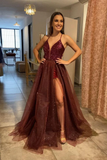 Spaghetti Straps A Line Burgundy Tulle Long Prom Dresses With Slit HZ1023