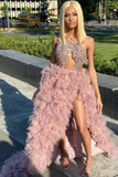 Sexy Sleeveless Blushing Pink Ruffles Prom Dress Long HZ1023