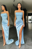 TRENDY SKY BLUE STRAPLESS SEQUIN TOP HIGH SPLIT PROM DRESS HZ1023