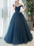 Simple blue off shoulder long prom dress, v neck tulle bridesmaid dress HZ1023