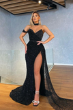 Sexy Black Sweetheart Mermaid Sequins Prom Dress With Slit HZ1023