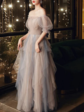 A-Line Prom Dresses Color Block Dress Wedding Party Floor Length Half Sleeve Scoop Neck Tulle with Pleats Ruffles HZ1023