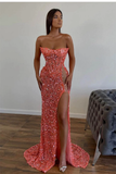 Pink Luxury Glitter Off-shoulder Sleeveless Long Sequins Mermaid Sexy Side Slit Prom Gown Evening Dress Formal Party Dress HZ1023