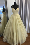 Stylish V Neck Open Back Dark Yellow Prom Dress , Shiny V Neck Dark Yellow Formal Evening Dress, Sparkly Yellow Ball Gown HZ1023