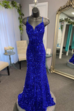 Magenta Sequin Split Neck Mermaid Long Prom HZ1023