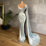Mermaid Evening Dress Prom Gowns Sexy Beaded Stones Pleat Satin Formal Party Dresses with Long Shawl HZ1023