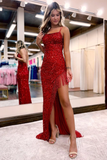 Sheath Spaghetti Straps Burgundy Sequins Long Prom Dress with Tassel HZ1023