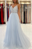 Spaghetti Straps V-Neck Tulle Long Prom Dresses With Beads HZ1023