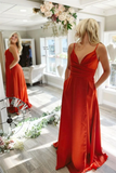 A Line V Neck Red/Pink/Blue Long Prom Dresses with Pocket, V Neck Red/Pink/Blue Formal Graduation Evening Dresses HZ1023