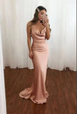 Simple Blush Mermaid Open Back V Neck Spaghetti Straps Long Prom Dress HZ1023