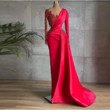 Glamorous Red Satin Dubai Evening Dresses Long Sleeves Sheer Neck Beads Prom Gowns Celebrity Formal Dress HZ1023