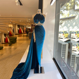 Velvet Halter Neck Mermaid Evening Dress Soft High Division Beads Prom Dresses Women's Party Dresses HZ1023