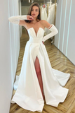 White V-Neck Long Sleeves A-Line Prom Dress With Split HZ1023