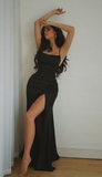 Sexy Mermaid Spaghetti Straps Split Black Prom Dresses HZ1023