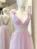 V neck A line Pink Long Prom Dresses, Lace Long Graduation Dresses With Lace Applique HZ1023