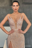 Gorgeous V-neck Sleeveless Long Mermaid Prom Dress With Slit HZ1023