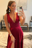 Burgundy V Neck Lace Long Prom Evening Dress With High Slit HZ1023