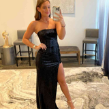 Simple Strapless Long Black Prom Dress with Side Slit HZ1023