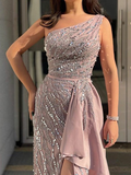 Sexy One-Shoulder Sequined Split-Side Ruffled Empire Evening Maxi Dress HZ1023