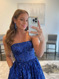 Blue A line tulle sequin long prom dress, blue tulle evening dress HZ1023