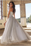 Spaghetti Straps Beaded Bodice Prom Dresses A Line Tulle Sweep Train HZ1023
