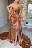 Sleeveless Mermaid Brown Sweetheart Prom Dress Split With Ruffles HZ1023