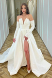 White V-Neck Long Sleeves A-Line Prom Dress With Split HZ1023