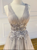 Gray v neck tulle lace long prom dress gray tulle formal dress HZ1023