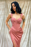 Dusty Rose Prom Dress Long With Slit Sleeveless Straps HZ1023
