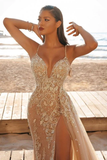 Spaghetti Straps V Neck Tulle Appliques Lace High-Split Mermaid Prom Dresses HZ1023