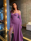 Women One Shoulder Folds Patchwork High Split Elegant Sexy Nighclub Dress HZ1023