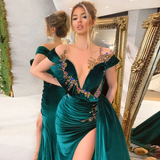 Off The Shoulder Velvet Unique Long Prom Dress With Appliques HZ1023