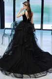 Simple Black Long Ruffle Tulle V Neck Formal Prom Dress HZ1023