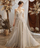 Unique Round Neck Tulle Lace Long Prom Dress Lace Formal Dress HZ1023