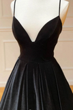 A Line V Neck Backless Black Velvet Long Prom Dresses, V Neck Black Formal Dresses, Black Velvet Evening Dresses HZ1023