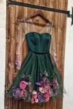 Pink V-Neck 3D Applique Short Prom Dress Long Sleeves Homecoming Dress HZ1023