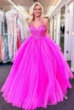 V Neck Fuchsia Lace Appliques Tulle Long Prom Dresses, Fuchsia Lace Formal Evening Dresses, Fuchsia Ball Gown HZ1023