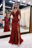 Mermaid V Neck Sequined Lace Prom Dress with Slit HZ1023
