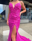 Sparkly Mermaid V Neck Fuchsia Sequins Long Prom Dresses with Appliques HZ1023
