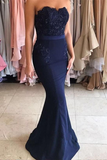 Sweetheart Lace Appliques Mermaid Prom Dress, Navy Long Bridesmaid Dress HZ1023