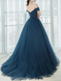 Simple blue off shoulder long prom dress, v neck tulle bridesmaid dress HZ1023