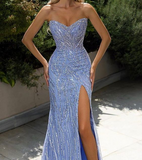 Blue fashion shiny off-shoulder sequins elegant tight long slit ball gown evening dress HZ1023