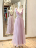 V neck A line Pink Long Prom Dresses, Lace Long Graduation Dresses With Lace Applique HZ1023