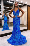 Blue shiny V neck bodycon long elegant sequin ball gown evening dress HZ1023