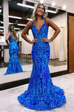 Blue shiny V neck bodycon long elegant sequin ball gown evening dress HZ1023
