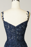 A Line Spaghetti Straps Navy Prom Dress with Appliques HZ1023