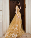 Champagne tulle lace long prom dress, tulle lace evening dress HZ1023