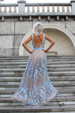 Sexy mother of the groom dress, Blue evening gown, Sleeveless prom dress, Gray Blue mother of the bride dress, Floral formal dress in gray HZ1023