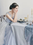 Blue backless exquisite beaded A-line long elegant ball gown formal evening gown wedding dress HZ1023